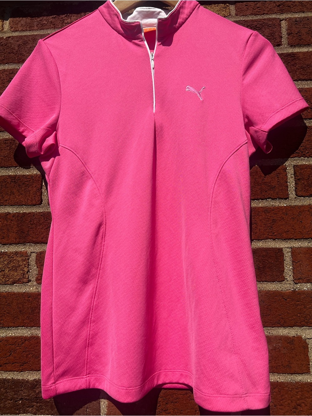 Puma Shirt Womens Small Neon Pink Short Sleeve Performance Active Golf 1/4 Zip